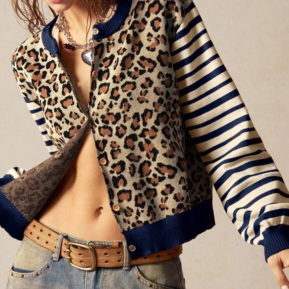 Casual Women's Leopard & Striped Pattern Front Button Long Sleeve cardigan - Picture 6 of 7